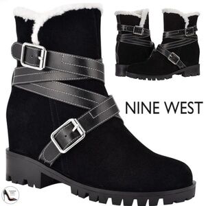 Nine West Davyd Wedge Buckle Booties Black Suede Leather Women's Winter Boot 8.5